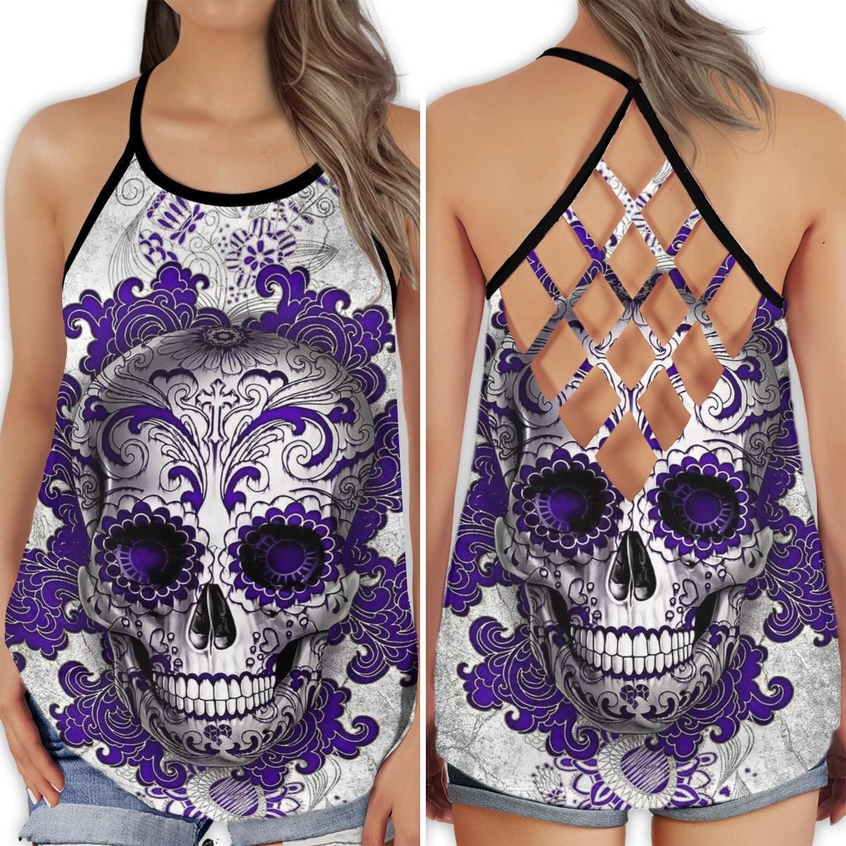 S Skull Lady Purple Style - Cross Open Back Tank Top - Owls Matrix LTD