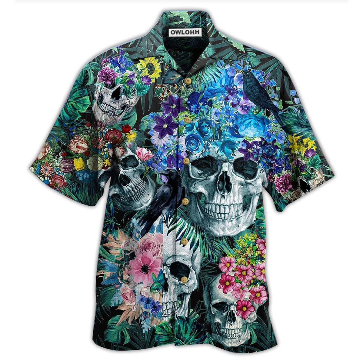 Hawaiian Shirt / Adults / S Skull Love Flowers Smile Happy - Hawaiian Shirt - Owls Matrix LTD