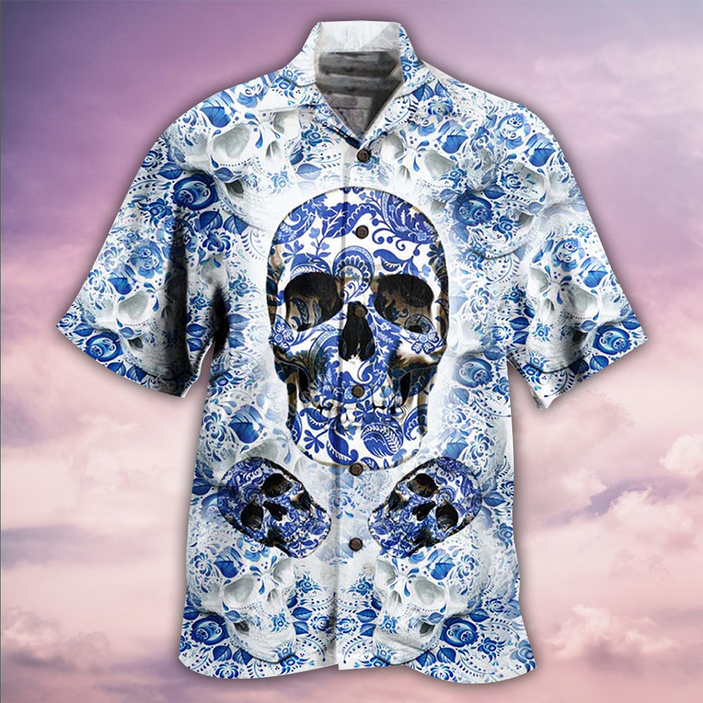 Skull Love Life Blue White - Hawaiian Shirt - Owls Matrix LTD