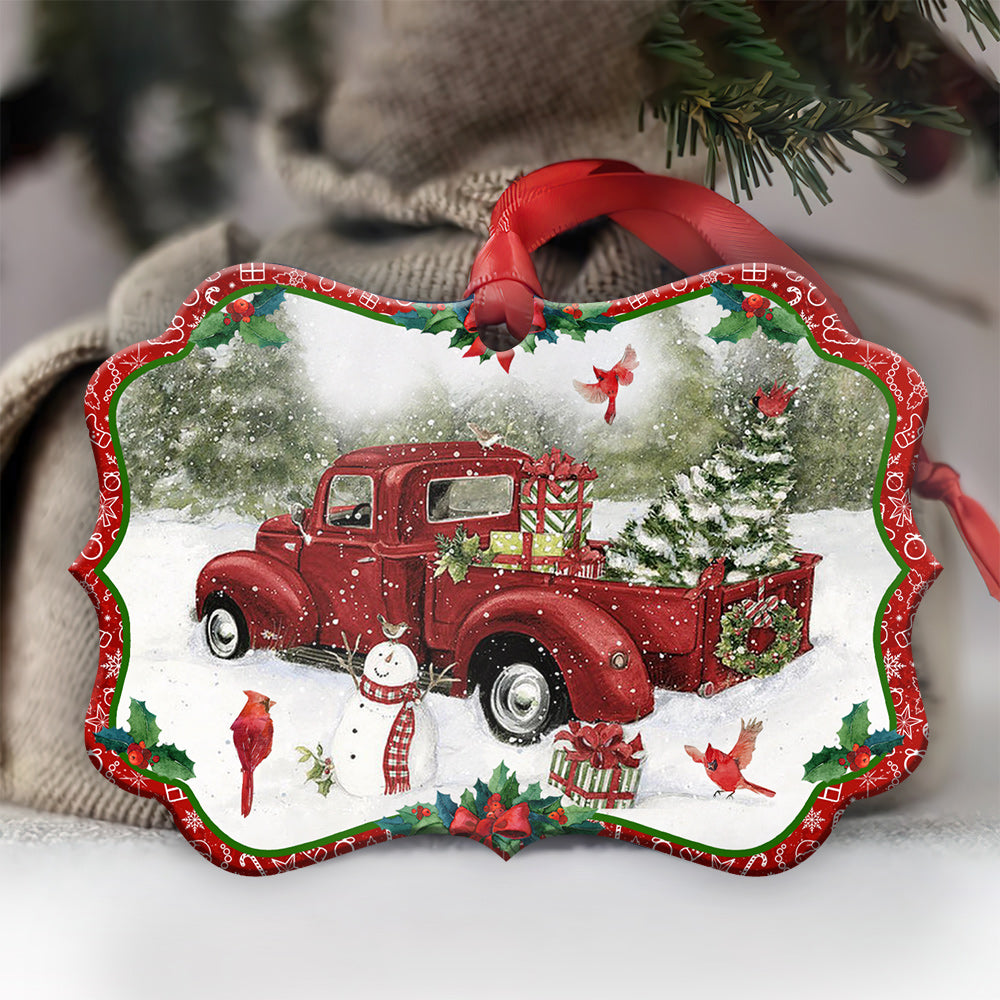 Red Truck Snowman For Christmas - Horizontal Ornament - Owls Matrix LTD