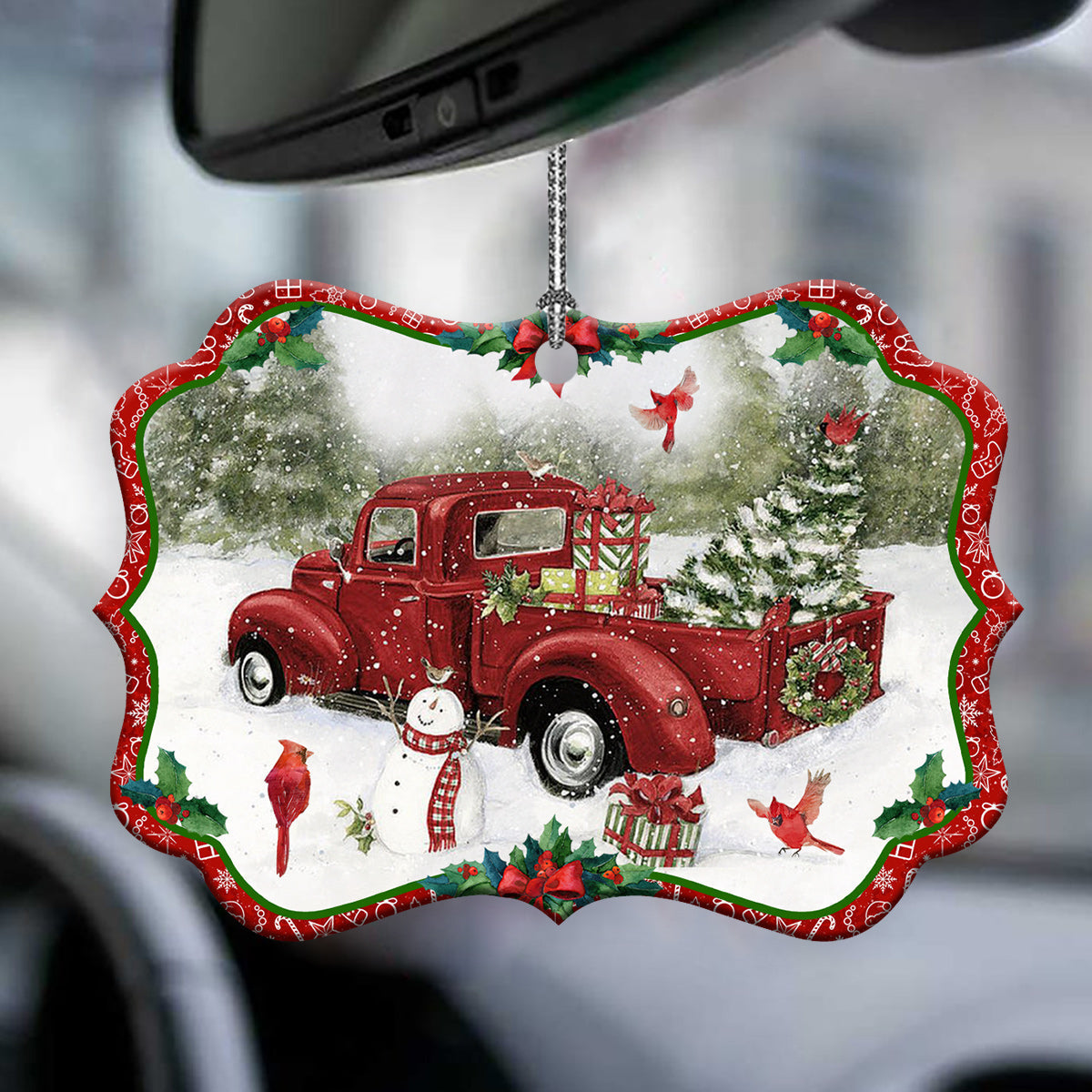 Red Truck Snowman For Christmas - Horizontal Ornament - Owls Matrix LTD