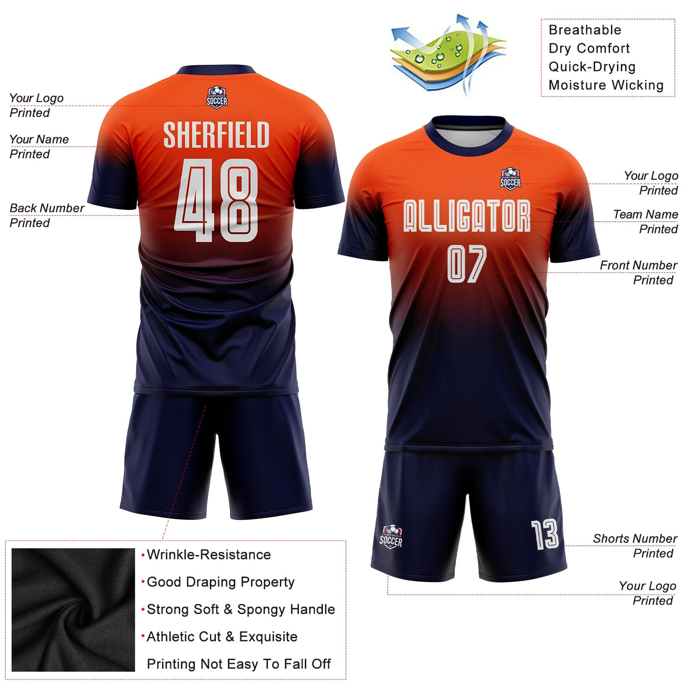 Custom Orange White-Navy Sublimation Fade Fashion Soccer Uniform Jersey
