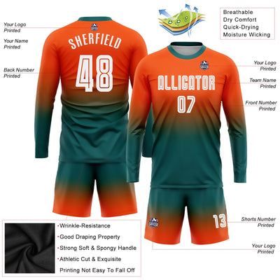 Custom Orange White-Aqua Sublimation Long Sleeve Fade Fashion Soccer Uniform Jersey