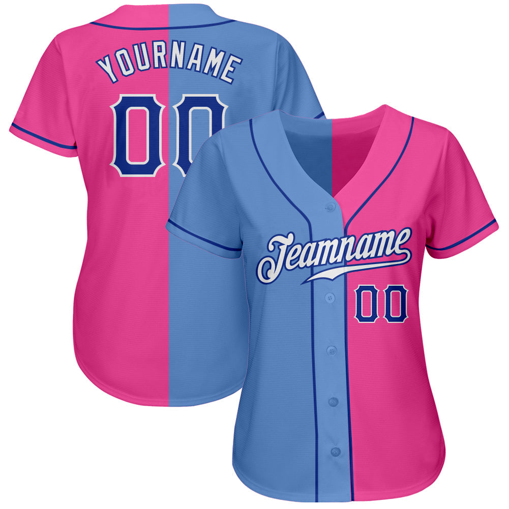 Custom Pink Royal-Light Blue Authentic Split Fashion Baseball Jersey - Owls Matrix LTD
