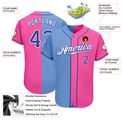 Custom Pink Royal-Light Blue Authentic Split Fashion Baseball Jersey - Owls Matrix LTD