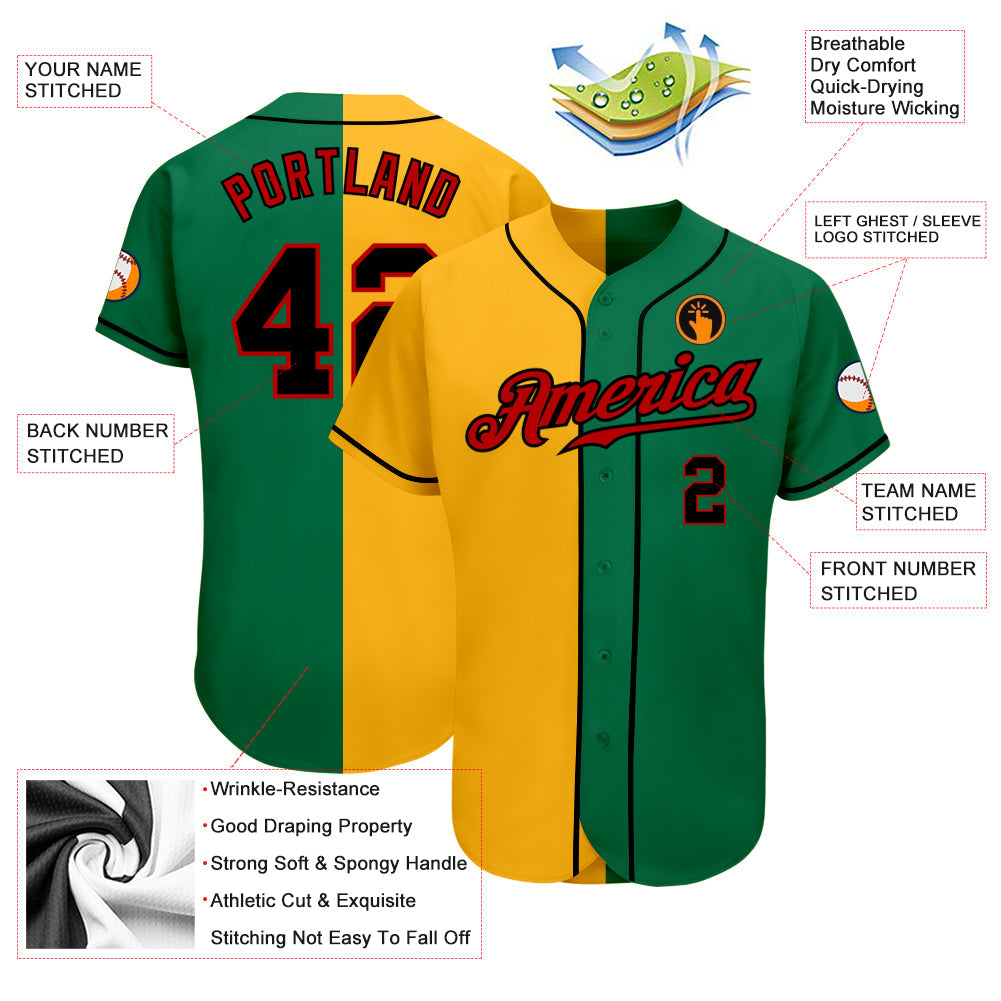 Custom Kelly Green Black-Gold Authentic Split Fashion Baseball Jersey