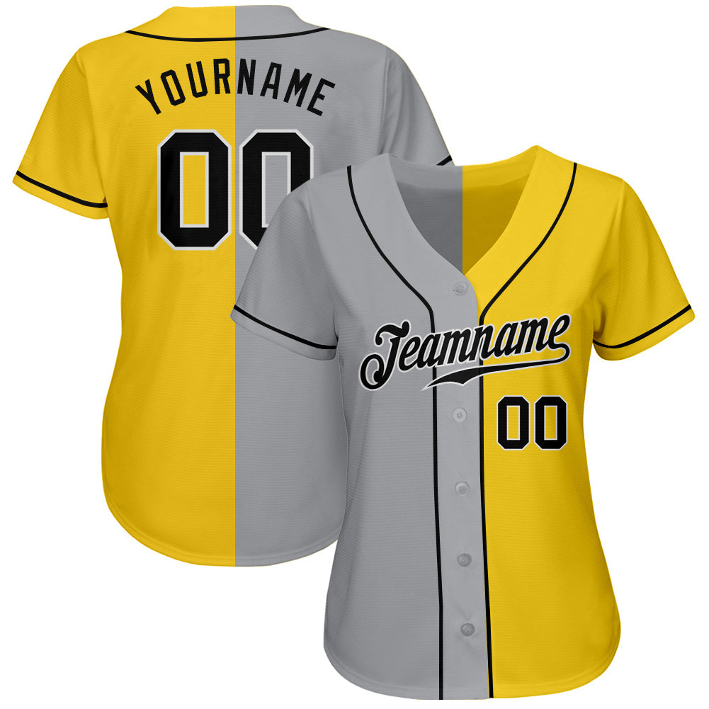 Custom Gold Black Gray-White Authentic Split Fashion Baseball Jersey