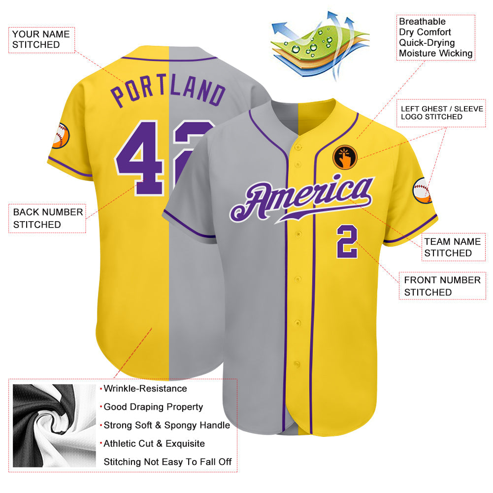 Custom Gold Purple Gray-White Authentic Split Fashion Baseball Jersey - Owls Matrix LTD