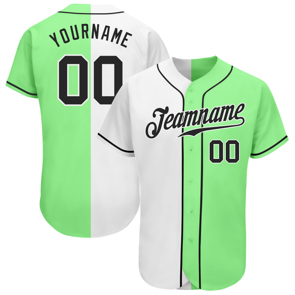 Custom Pea Green Black-White Authentic Split Fashion Baseball Jersey - Owls Matrix LTD