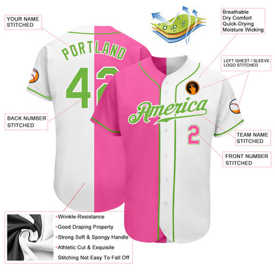 Custom White Neon Green-Pink Authentic Split Fashion Baseball Jersey - Owls Matrix LTD