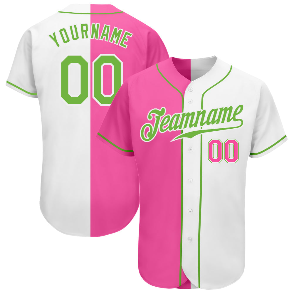 Custom White Neon Green-Pink Authentic Split Fashion Baseball Jersey - Owls Matrix LTD