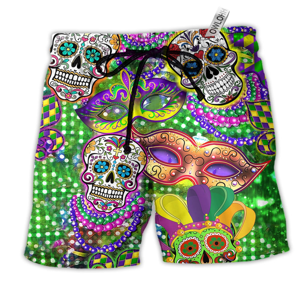 Beach Short / Adults / S Sugar Skull Mardi Gras Color - Beach Short - Owls Matrix LTD