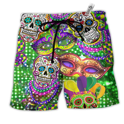 Beach Short / Adults / S Sugar Skull Mardi Gras Color - Beach Short - Owls Matrix LTD