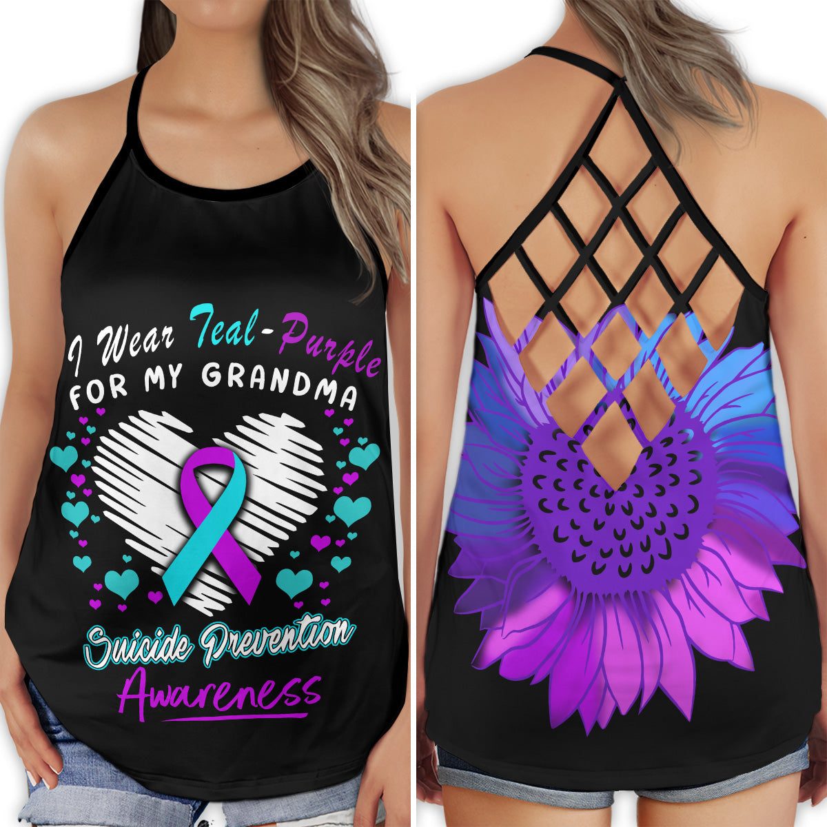 S Suicide Awareness I Wear Teal Purple For My Grandma Sunflower - Cross Open Back Tank Top - Owls Matrix LTD
