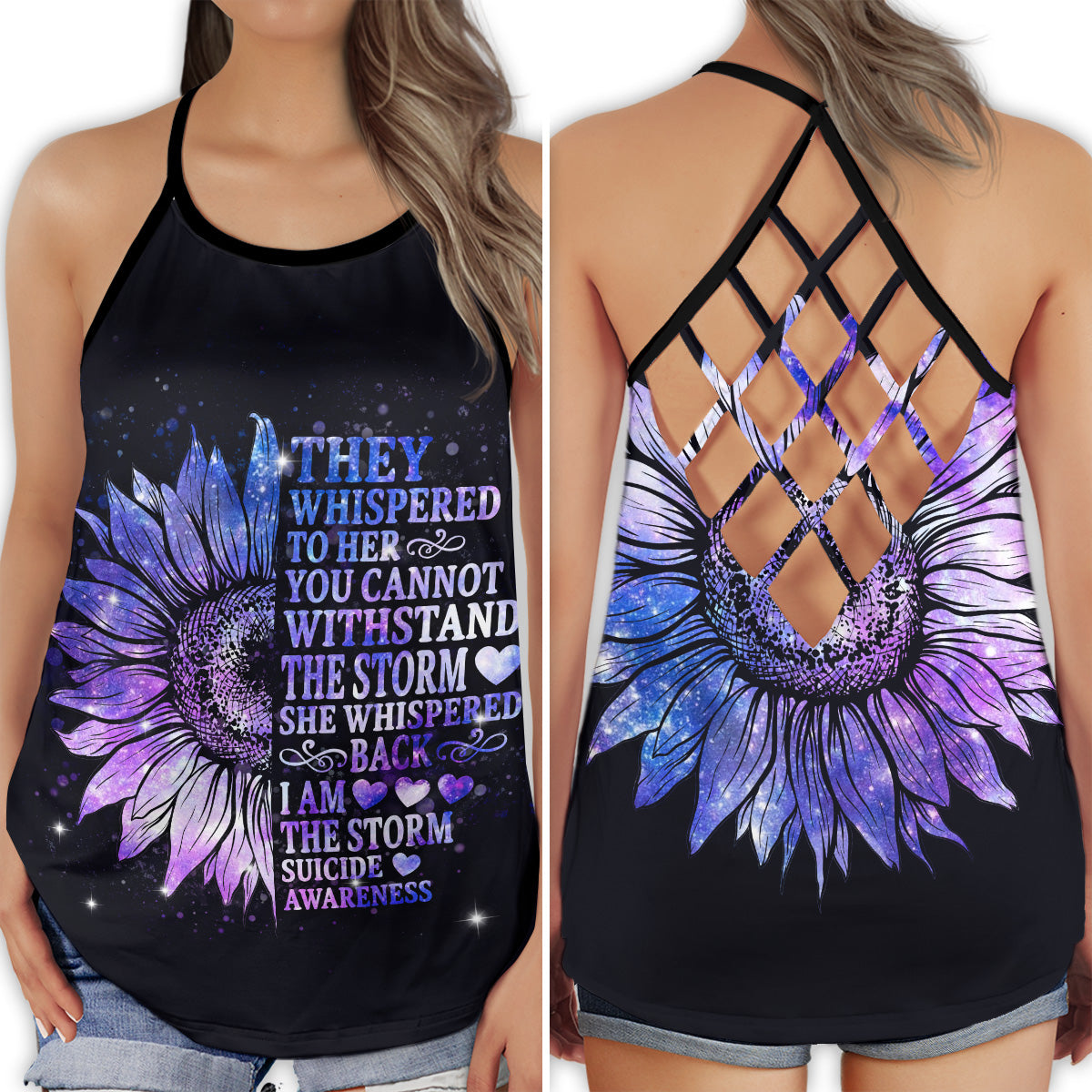 S Suicide Awareness They Whispered To Her - Cross Open Back Tank Top - Owls Matrix LTD