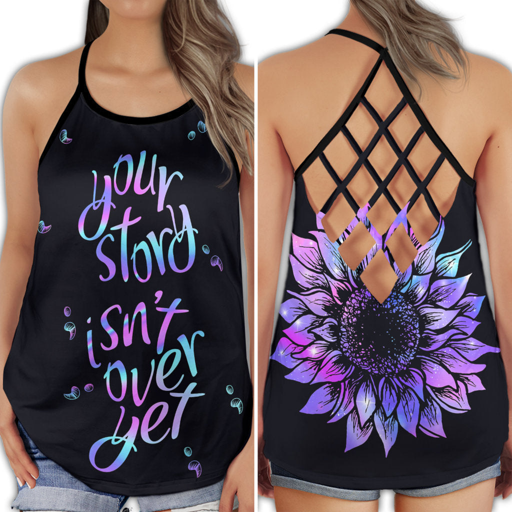 S Suicide Awareness Summer: Your Story isn't Over Yet With Black Background - Cross Open Back Tank Top - Owls Matrix LTD