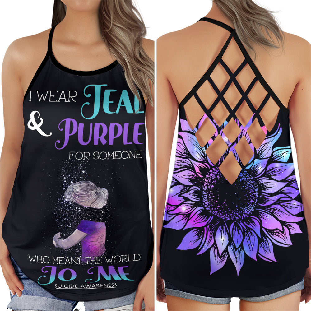S Suicide Awareness I Wear Teal Purple For Someone Who Meant The World - Cross Open Back Tank Top - Owls Matrix LTD