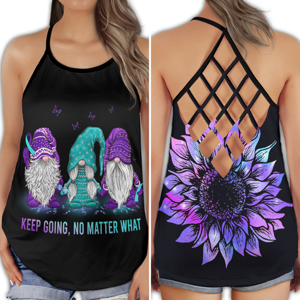S Suicide Awareness: Keep Going No Matter What Summer Flower - Cross Open Back Tank Top - Owls Matrix LTD