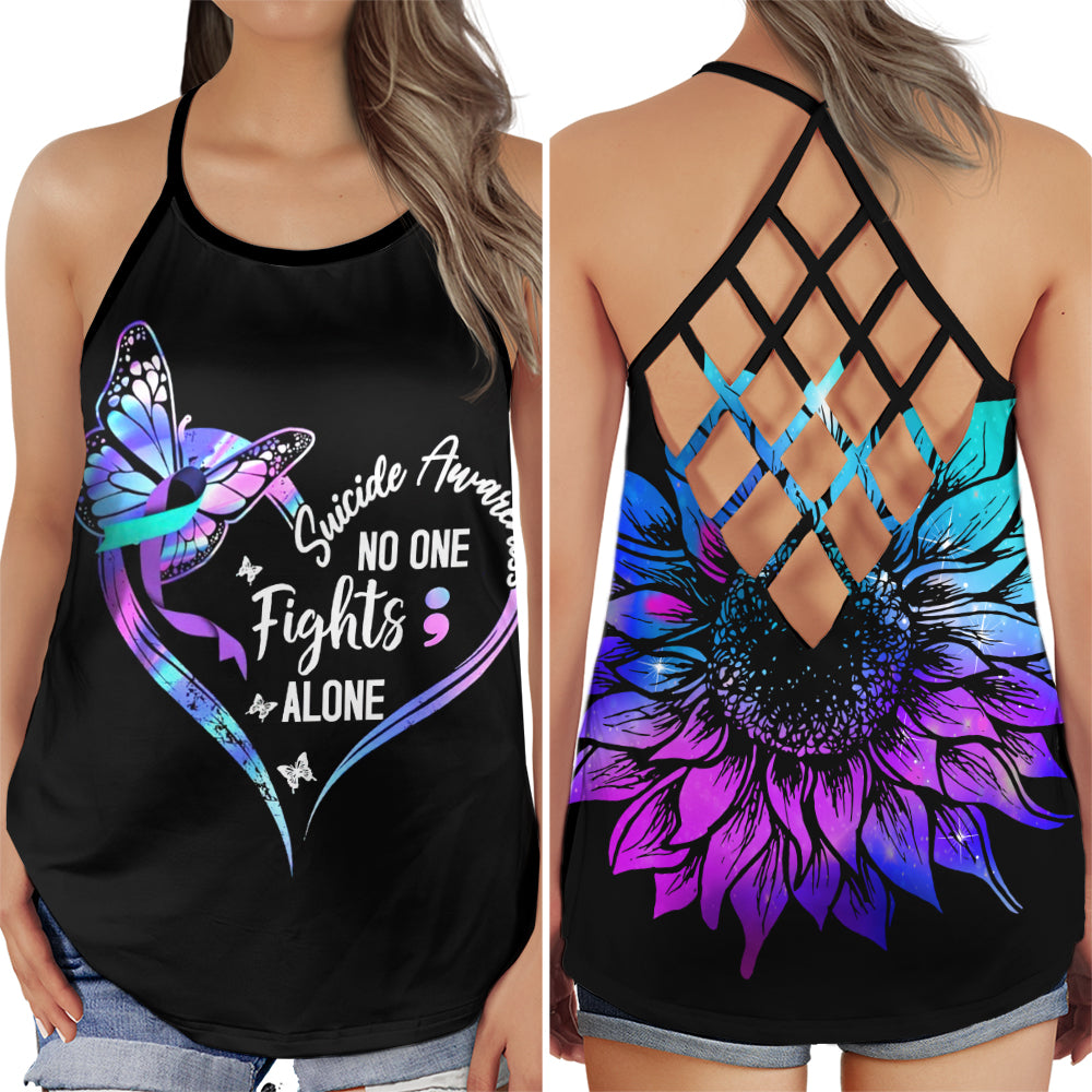 S Suicide Awareness : No One Fights Alone With Butterfly - Cross Open Back Tank Top - Owls Matrix LTD