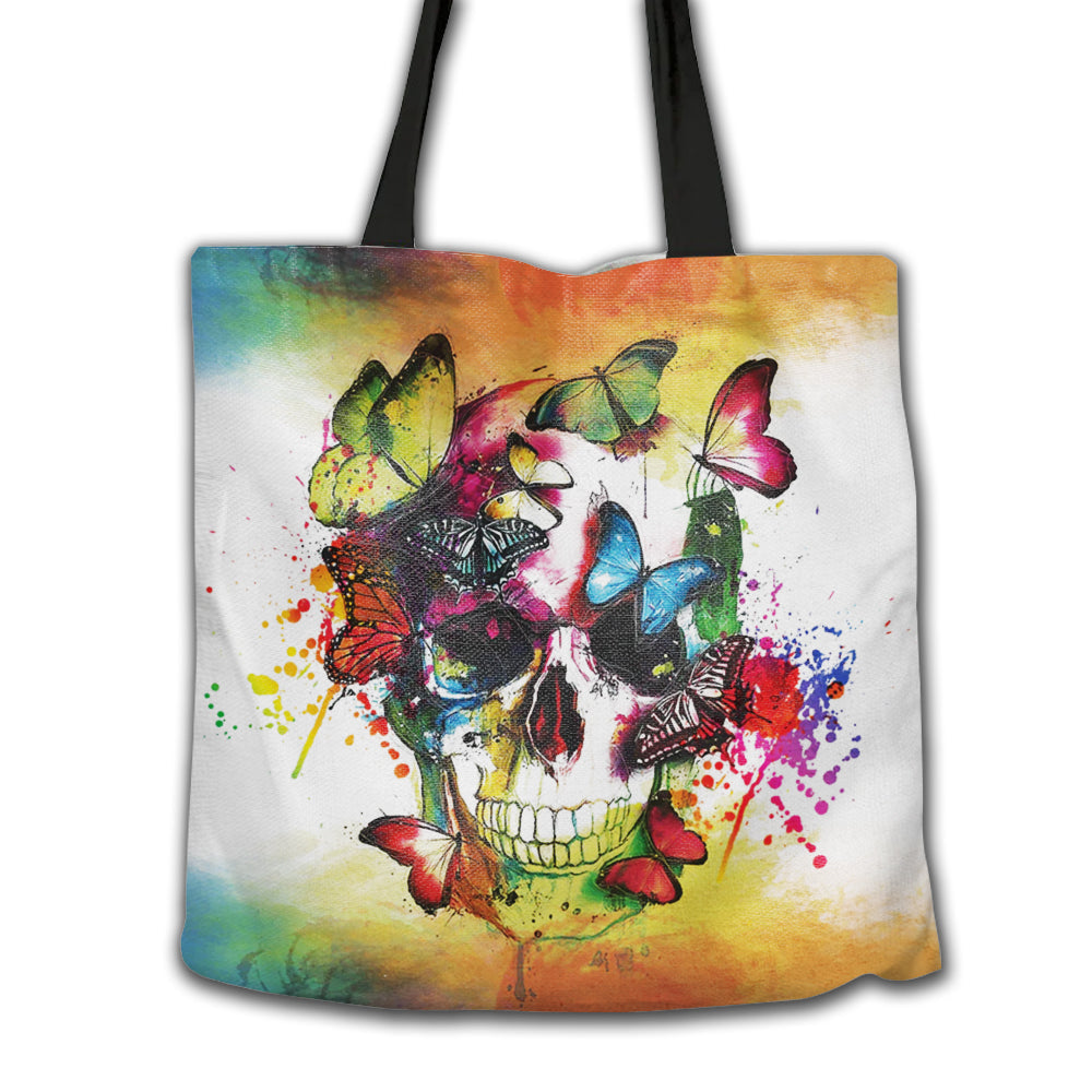 16''x16'' Skull Colorful Splatter Butterfly Skull - Tote Bag - Owls Matrix LTD