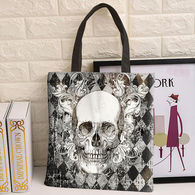 Skull Classic Black White Floral Skull - Tote Bag - Owls Matrix LTD