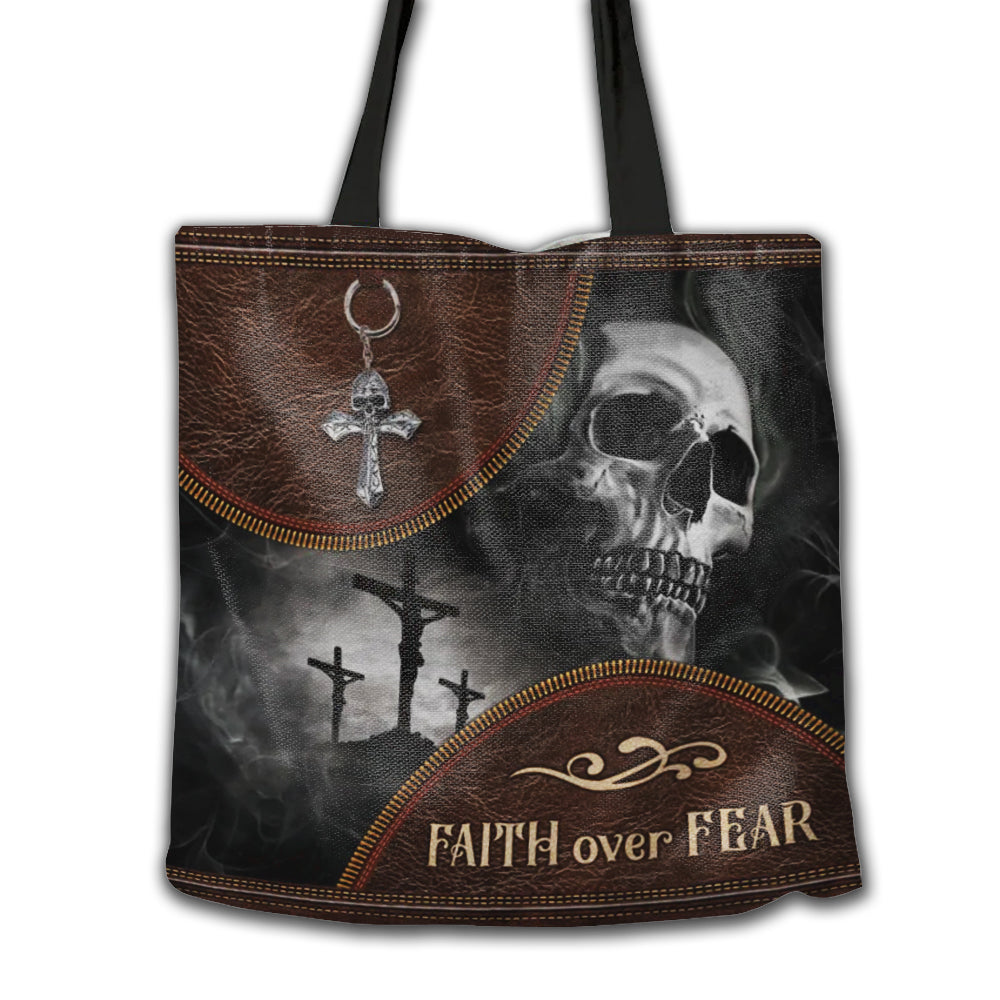 16''x16'' Skull Faith Over Fear Skull Leather Style - Tote Bag - Owls Matrix LTD