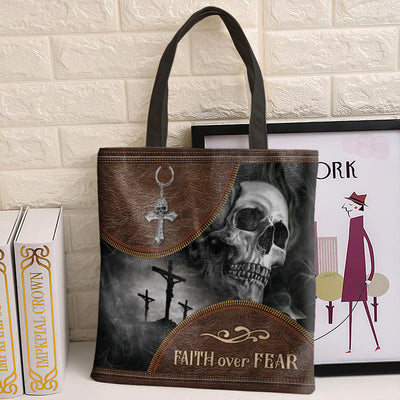 Skull Faith Over Fear Skull Leather Style - Tote Bag - Owls Matrix LTD