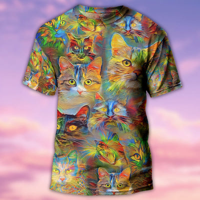 Cat Beautiful Colorfull Painting - Round Neck T-shirt - Owls Matrix LTD