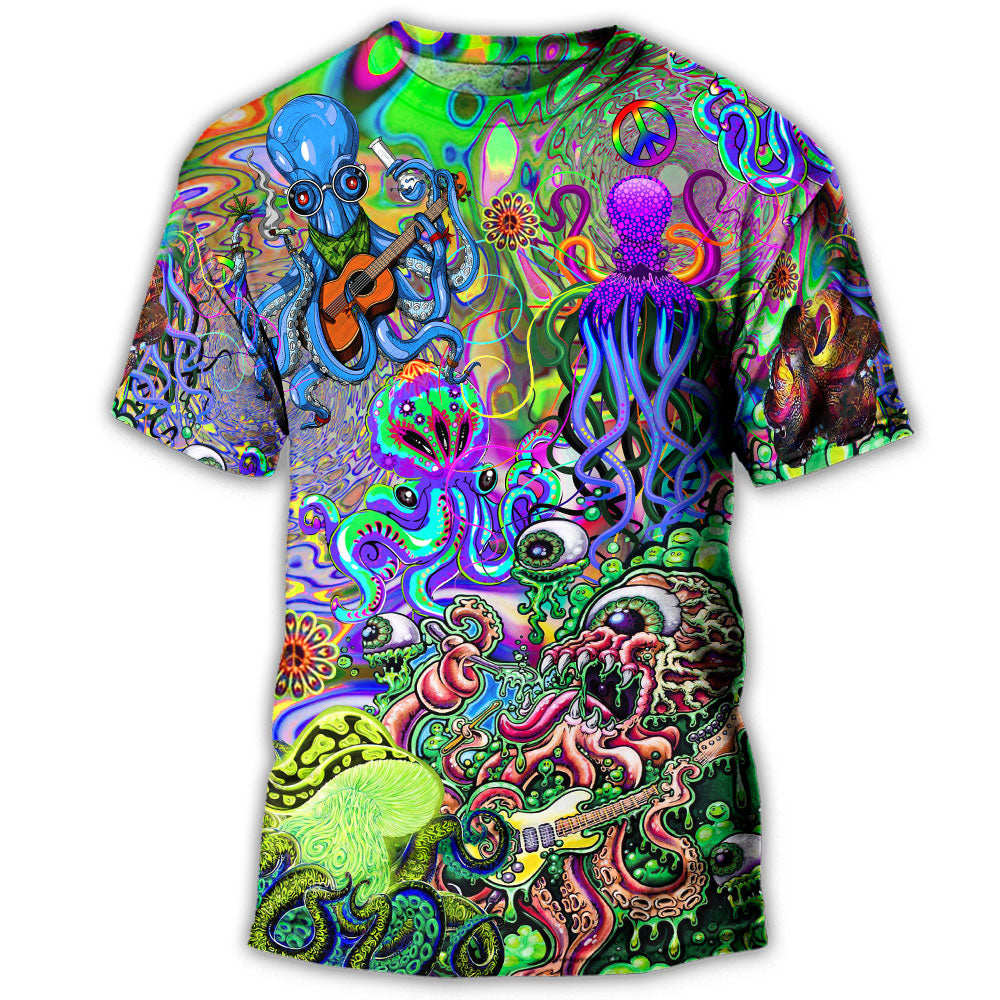 S Hippie Funny Octopus Love Music Colorful Ocean - Round Neck T-shirt - Owls Matrix LTD