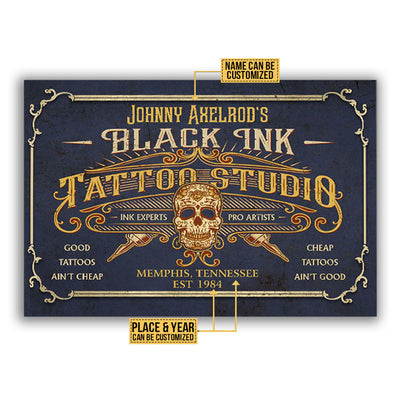 12x18 Inch Tattoo Studio Skull Black Ink Personalized - Horizontal Poster - Owls Matrix LTD