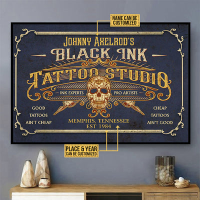 Tattoo Studio Skull Black Ink Personalized - Horizontal Poster - Owls Matrix LTD