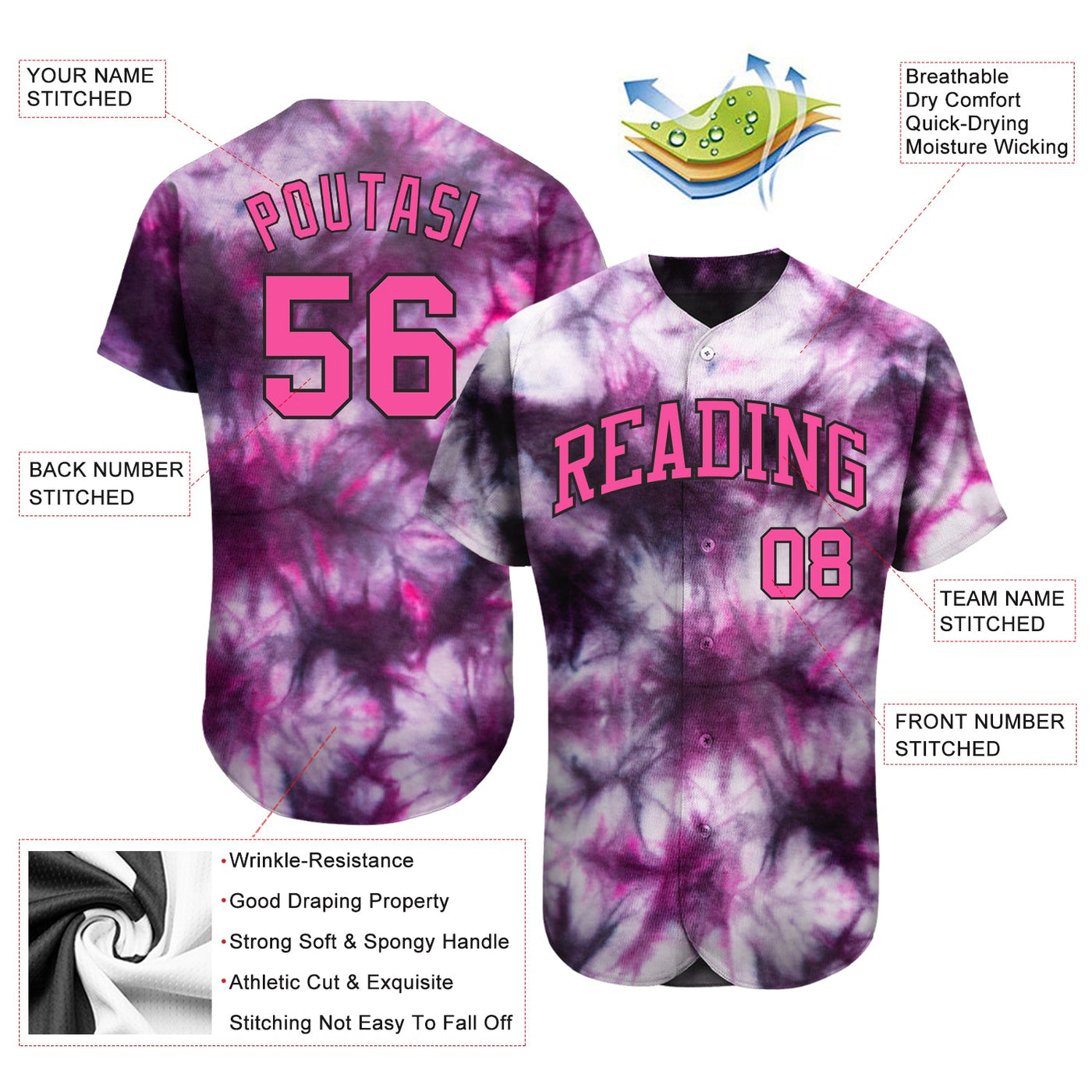 Custom Tie Dye Pink-Black 3D Authentic Baseball Jersey - Owls Matrix LTD