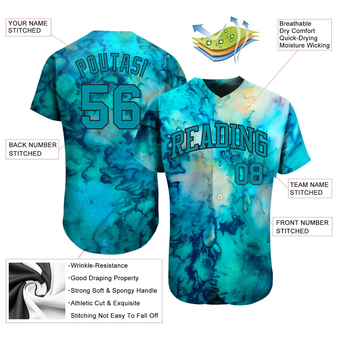 Custom Tie Dye Aqua-Black 3D Authentic Baseball Jersey - Owls Matrix LTD