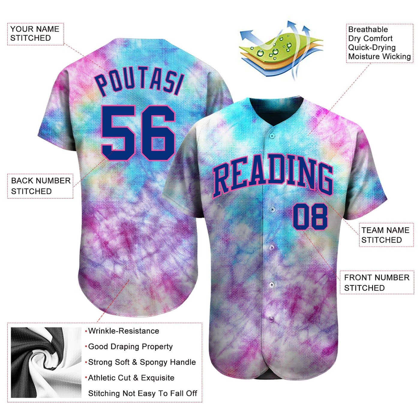 Custom Tie Dye Royal-Pink 3D Authentic Baseball Jersey - Owls Matrix LTD