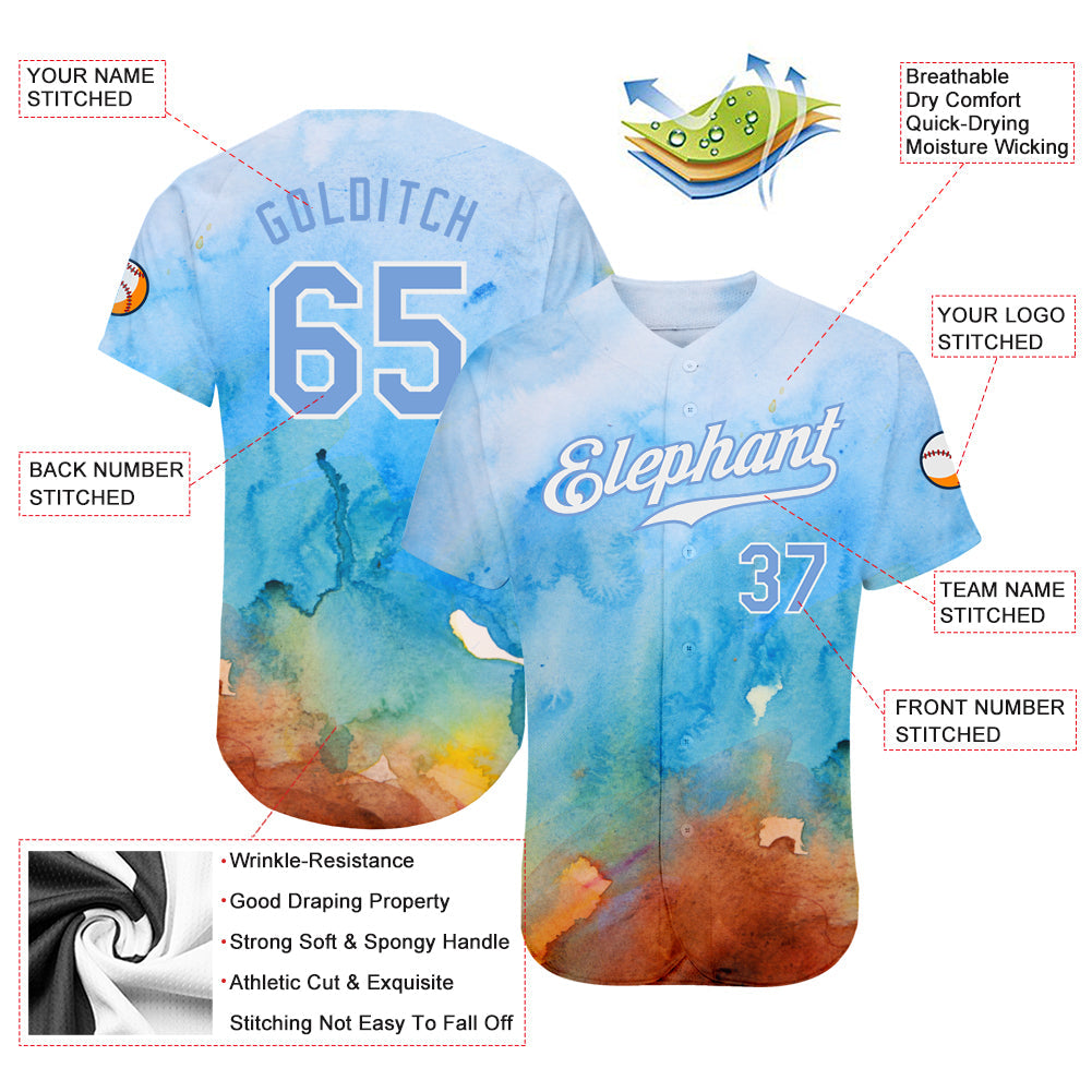 Custom Tie Dye Light Blue-White 3D Authentic Baseball Jersey - Owls Matrix LTD