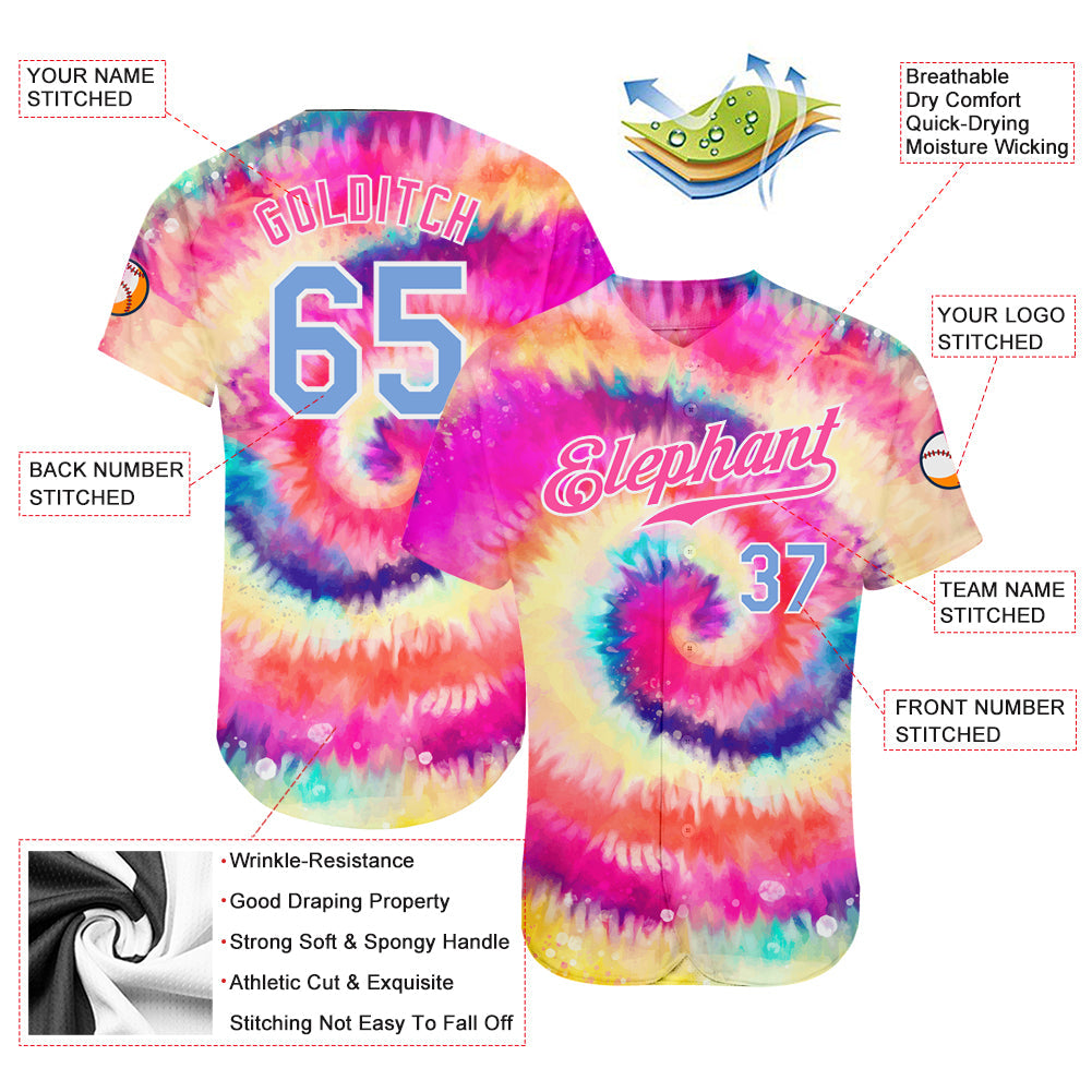 Custom Tie Dye Light Blue-White 3D Rainbow Authentic Baseball Jersey - Owls Matrix LTD