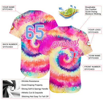 Custom Tie Dye Light Blue-White 3D Rainbow Authentic Baseball Jersey - Owls Matrix LTD