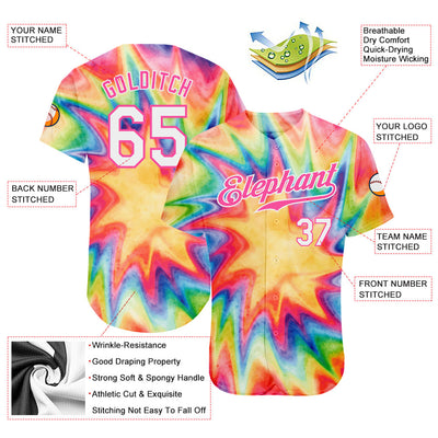 Custom Tie Dye White-Pink 3D Watercolor Rainbow Authentic Baseball Jersey - Owls Matrix LTD