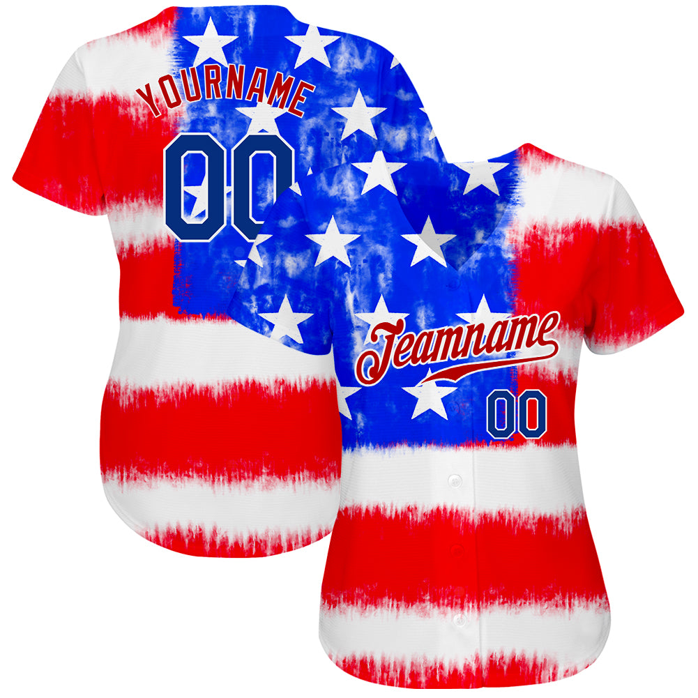 Custom Tie Dye Royal-Red 3D American Flag Authentic Baseball Jersey - Owls Matrix LTD