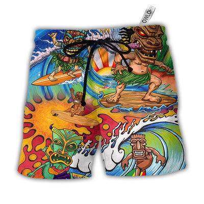 Beach Short / Adults / S Tiki Surfing Style With Colorful - Beach Short - Owls Matrix LTD