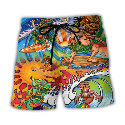 Beach Short / Adults / S Tiki Surfing Style With Pretty Painting - Beach Short - Owls Matrix LTD