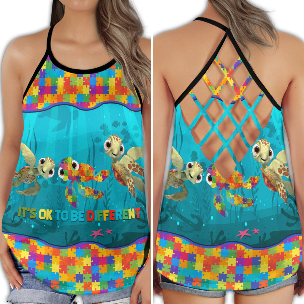 S Turtle Swimming To The Moon To Be Different - Cross Open Back Tank Top - Owls Matrix LTD