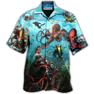 Hawaiian Shirt / Adults / S Octopus Giant And Diver - Hawaiian Shirt - Owls Matrix LTD