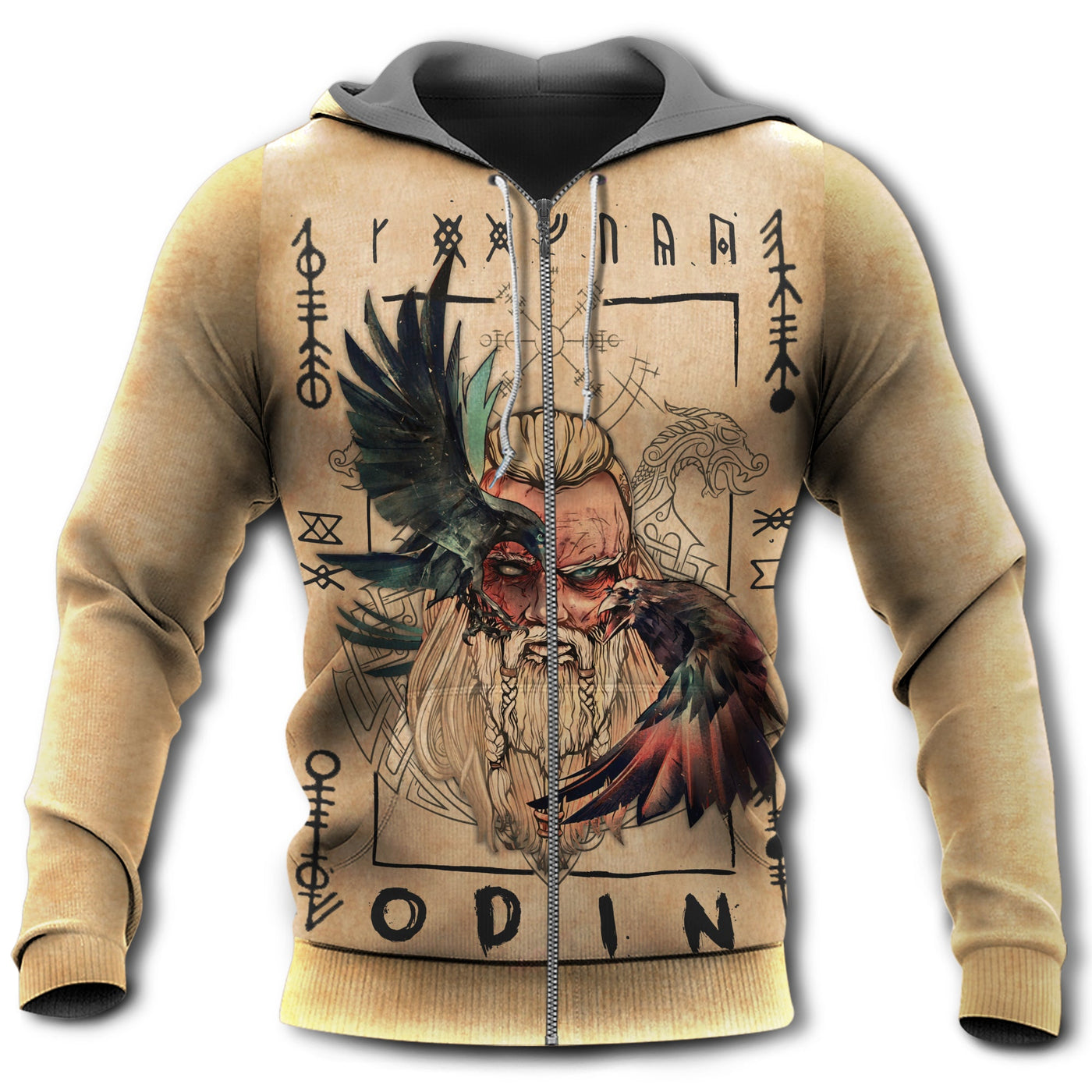 Zip Hoodie / S Viking Odin Sign Old Man With Eagle - Hoodie - Owls Matrix LTD