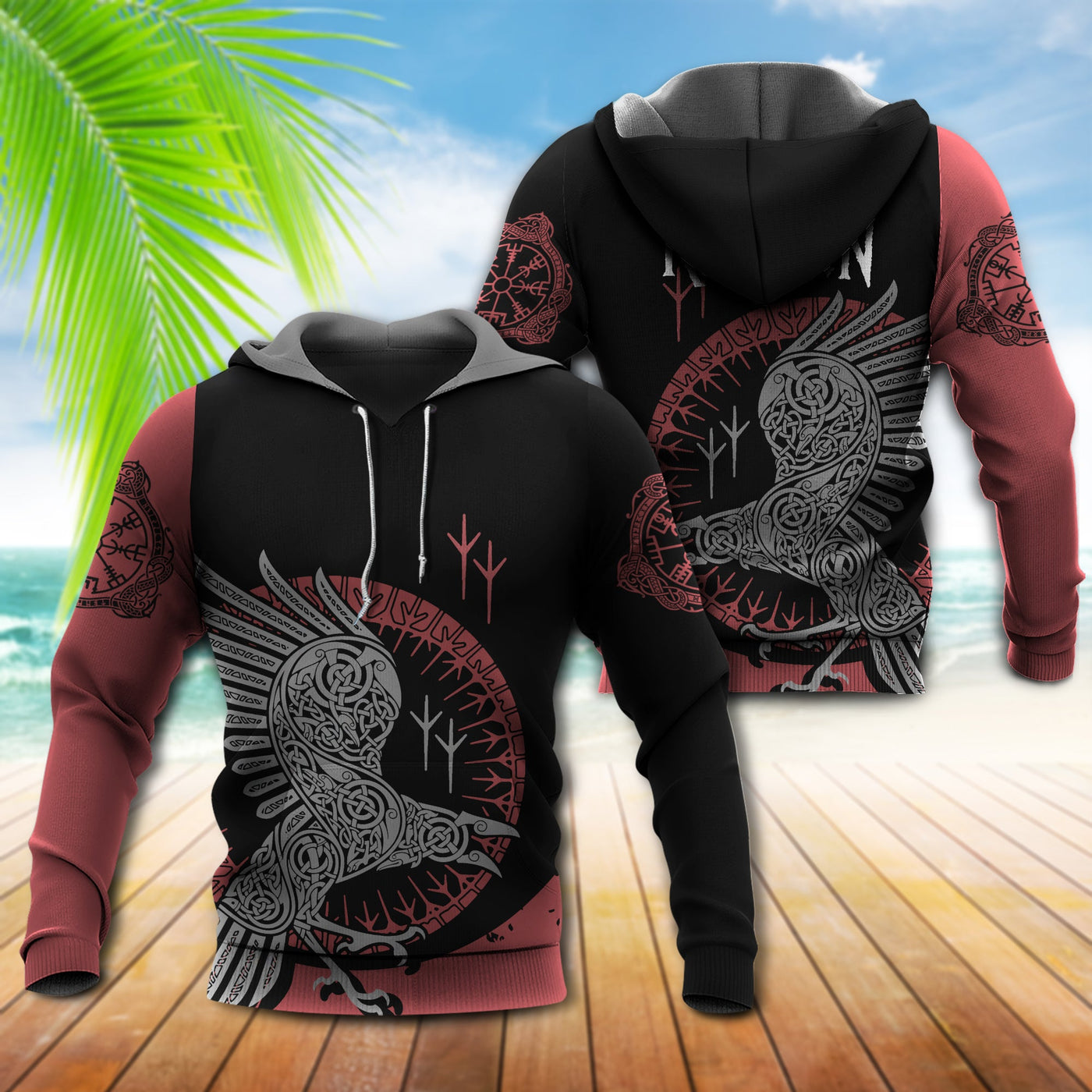 Viking Raven With Black And Red - Hoodie - Owls Matrix LTD