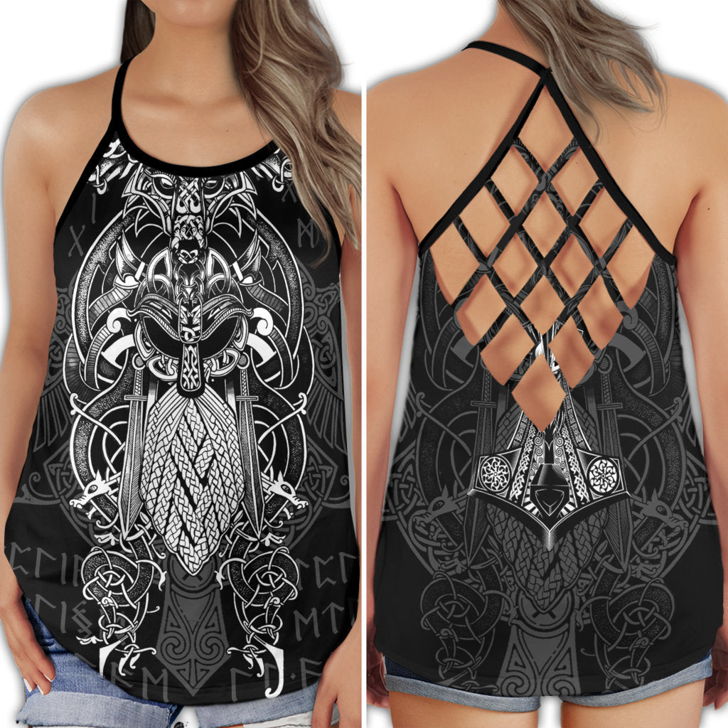 S Viking Stronger With Pattern Black and White - Cross Open Back Tank Top - Owls Matrix LTD