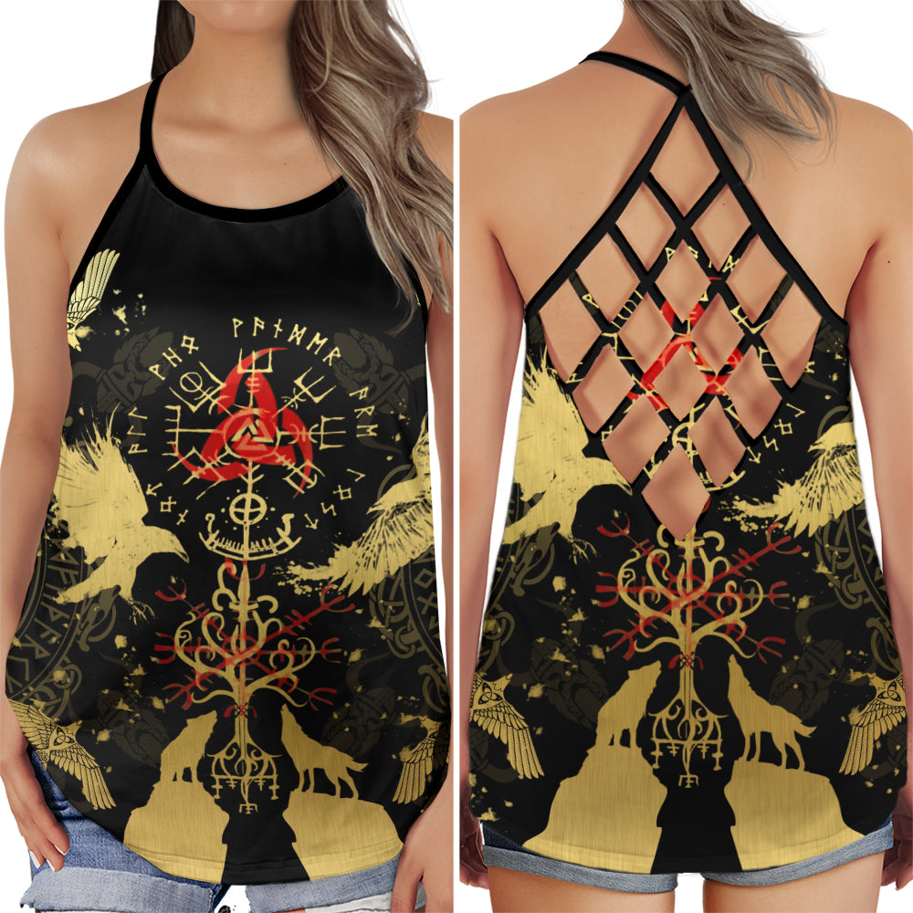 S Viking Stronger With Red and Red - Cross Open Back Tank Top - Owls Matrix LTD