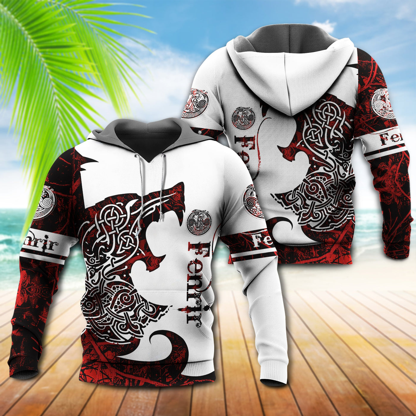 Viking Wolf Legend Red And White Style With Fenrir - Hoodie - Owls Matrix LTD