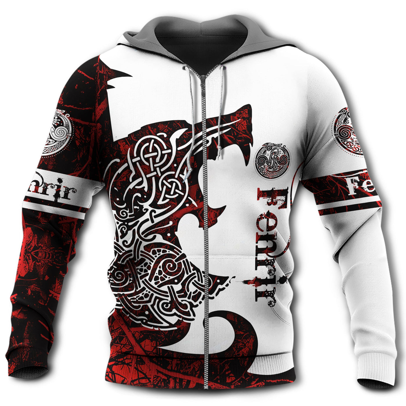 Zip Hoodie / S Viking Wolf Legend Red And White Style With Fenrir - Hoodie - Owls Matrix LTD
