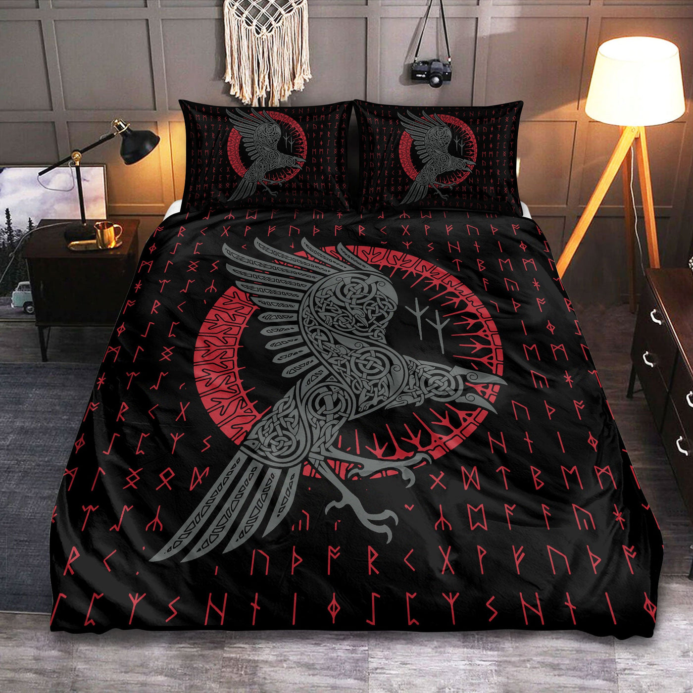 Viking Odin's Raven Old Runes Style - Bedding Cover - Owls Matrix LTD